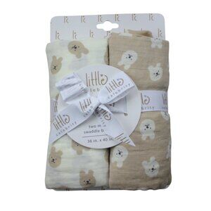 Little Celebrity Bear Muslin Baby Swaddle Blanket Set Ivory Tan Boys NWT RARE